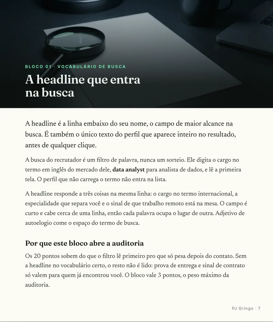 Abertura de bloco: Cada bloco abre em cena, da headline caçável às configurações que escondem o perfil